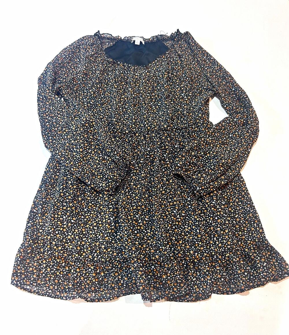 Ophelia Roe Black Floral Round Neck Puff Sleeve A-Line Short Dress Ruffle S